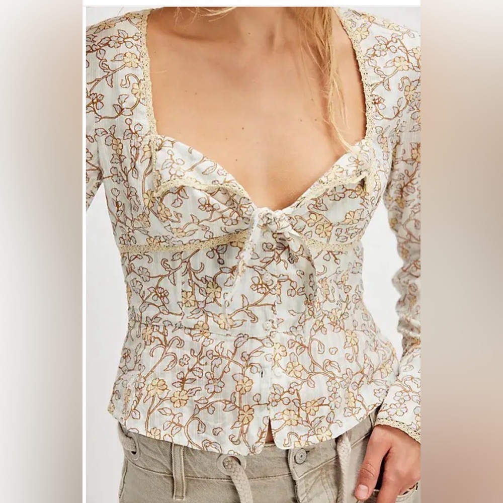 Free People Call Me Baby Long Sleeve Blouse Lace Smocked Cream Floral Top Large